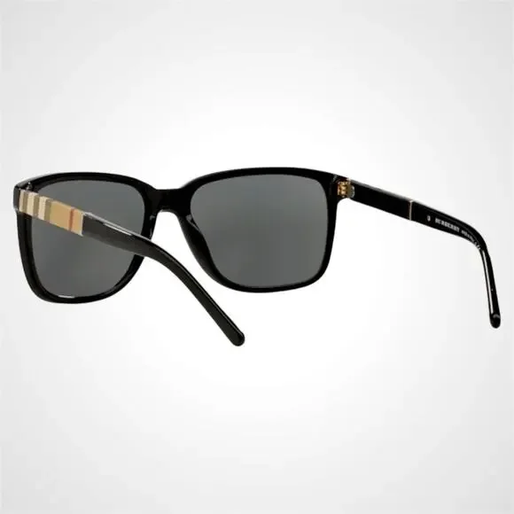 New Burberry Sunglasses Black Solid Square Frame Brown Check Arms 58mm